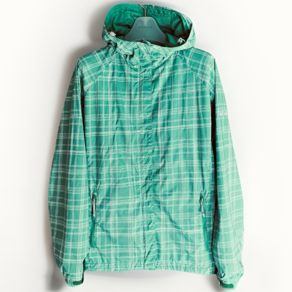 Columbia Plaid  Waterproof Rain Hoodie Jacket Med Light Green White Size L - Picture 1 of 16